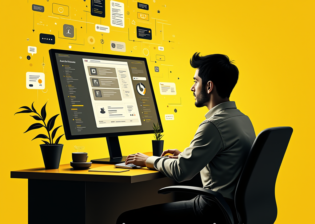 Person using generative AI tools for content creation on a computer, surrounded by digital icons and a vibrant yellow background
