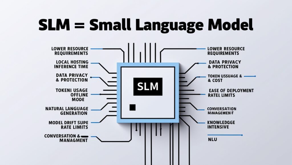 Infographic of Small Language Models (SLM) with a central microchip labeled 'SLM' and key features like lower resource requirements, local hosting, data privacy, and ease of deployment.