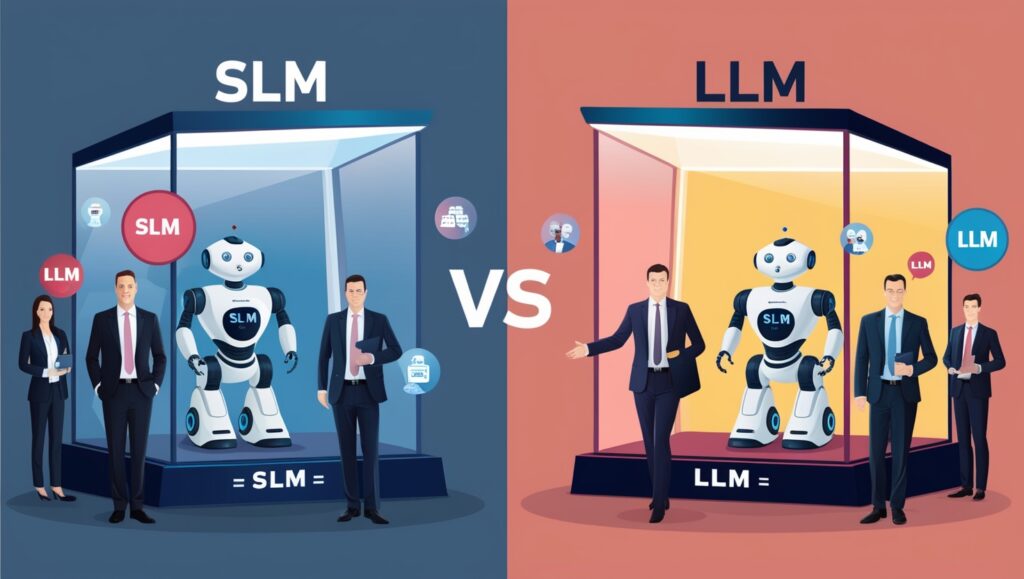 Comparison infographic of SLM (Small Language Models) vs. LLM (Large Language Model)