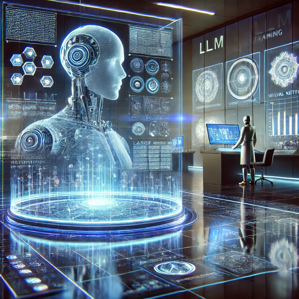 Futuristic LLM training lab with glowing holographic interfaces, a robotic assistant analyzing language data, and neural network visualizations on transparent screens.