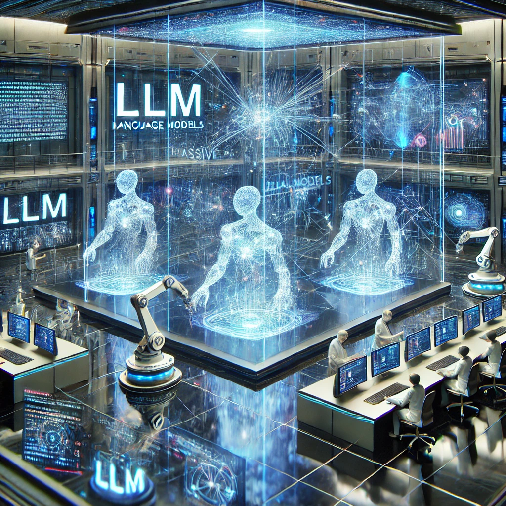 A futuristic LLM research facility with AI-powered robotic arms, massive neural networks, holographic language model projections, and researchers analyzing LLM-generated data in a sleek, high-tech environment.