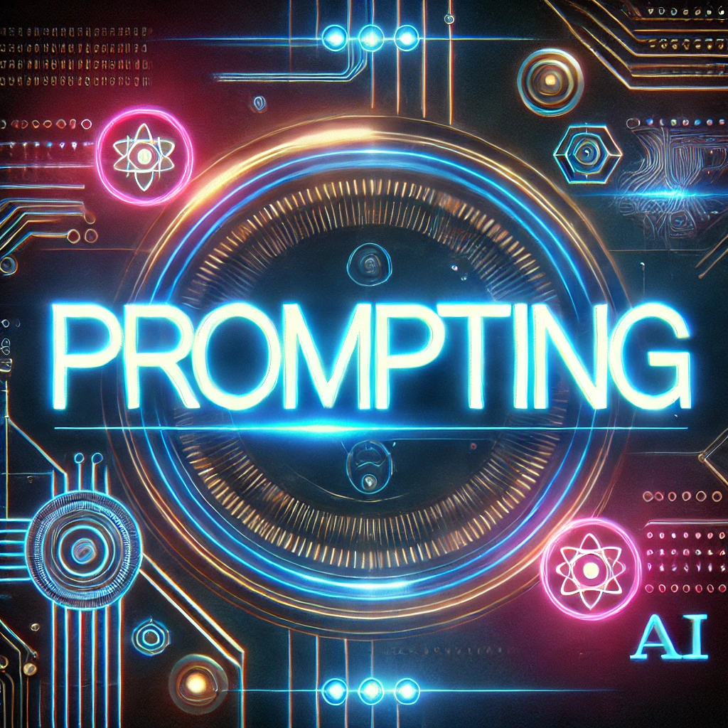 A futuristic digital artwork featuring the word Prompting in a sleek, glowing neon font. The background has a cyberpunk aesthetic with AI-related elements such as neural networks, circuits, and a holographic interface, creating a high-tech, futuristic vibe.